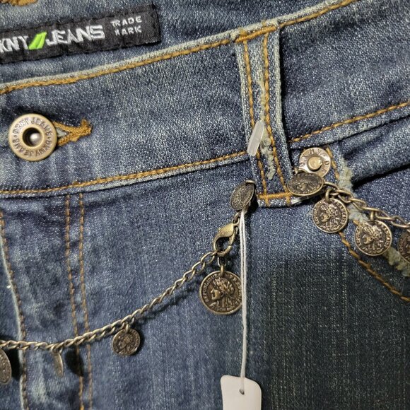 DKNY NWT Size 12 Jeans Denim Gold Glitter So Low Lita Chain Belt Boot Distressed - Picture 15 of 16